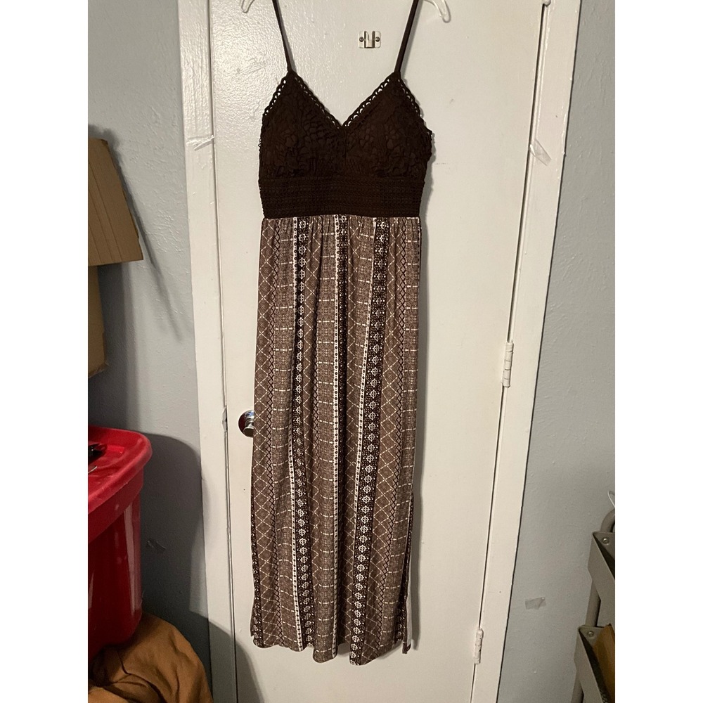 Derek Heart Brown Crochet Lace Boho Maxi Dress Geometric Print Large